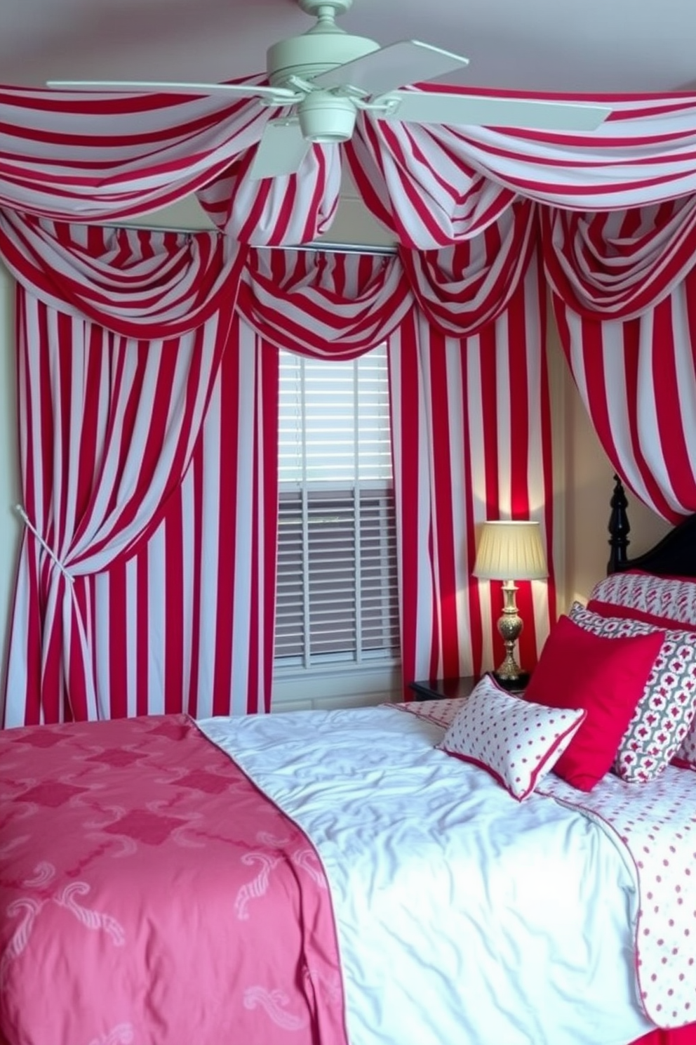 A cozy bedroom adorned with red and white striped curtains that cascade elegantly from the ceiling to the floor. The bedding features a mix of solid red and white patterns, creating a festive and inviting atmosphere for Memorial Day celebrations.