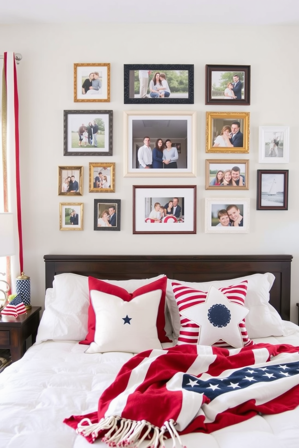 A gallery wall adorned with family photos creates a warm and inviting atmosphere. The arrangement features a mix of framed pictures in various sizes, showcasing cherished memories and moments. For a Memorial Day bedroom decorating idea, incorporate red, white, and blue accents throughout the space. Use patriotic-themed throw pillows and a cozy blanket on the bed, complemented by subtle decorative elements like stars and stripes.