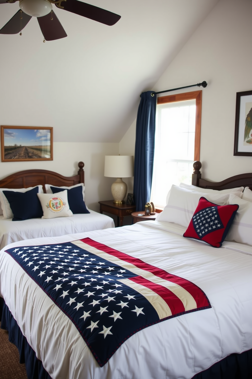 A cozy bedroom featuring an American flag quilt layered on a king-sized bed with crisp white linens. The quilt is complemented by navy blue and red accent pillows, creating a patriotic and inviting atmosphere.