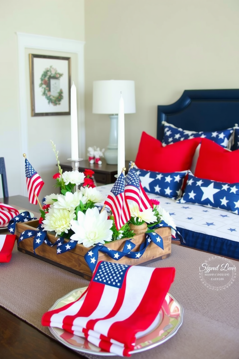 A festive table centerpiece adorned with red white and blue flags creates a patriotic atmosphere. The centerpiece features a rustic wooden tray filled with fresh flowers candles and small decorative items that celebrate Memorial Day. For bedroom decorating ideas inspired by Memorial Day the space is designed with a color scheme of navy blue and crisp white. Bed linens feature star patterns while throw pillows in vibrant red add a bold touch to the overall decor.