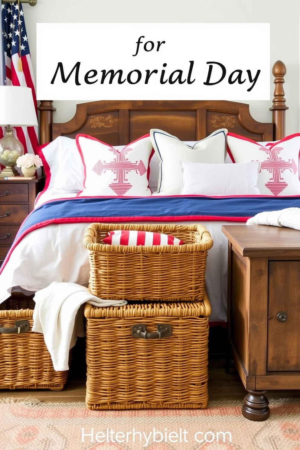 A cozy bedroom designed for Memorial Day featuring woven baskets as stylish storage solutions. The baskets are placed at the foot of the bed and beside a rustic nightstand, adding warmth and functionality to the space. The bedding is adorned with red, white, and blue accents, creating a festive atmosphere. Decorative pillows in coordinating colors are arranged on the bed, enhancing the patriotic theme while maintaining a comfortable aesthetic.