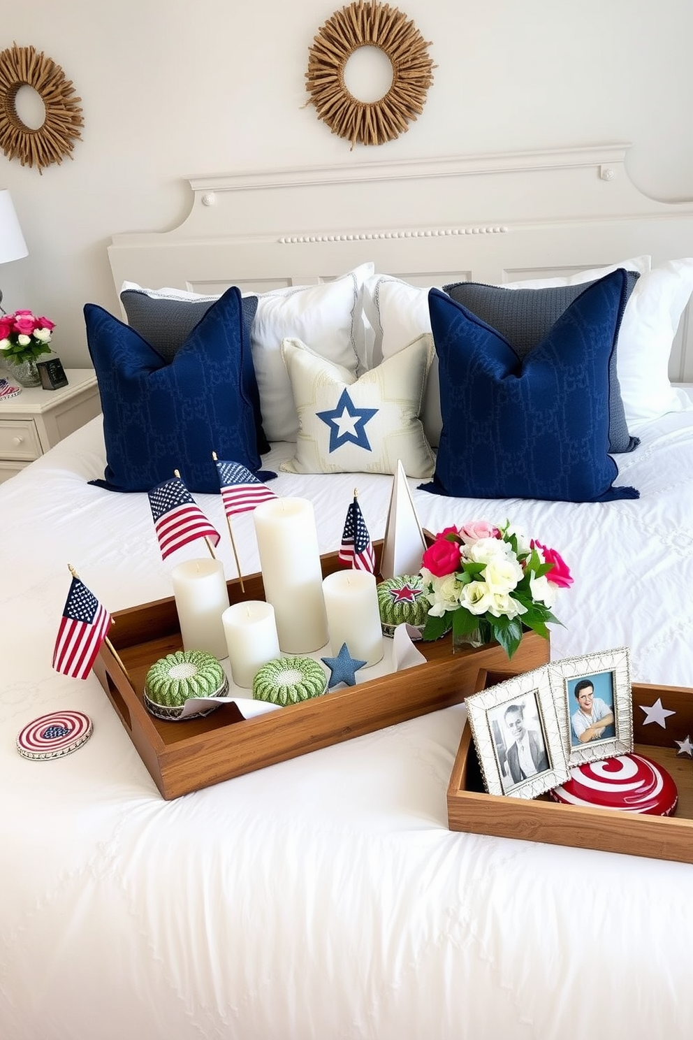 A charming bedroom adorned with wreaths made of red white and blue flowers. The wreaths are hung above the bed and on the door, creating a festive atmosphere for Memorial Day. The bedding features a mix of striped and solid patterns in coordinating colors. Soft, plush pillows add comfort and enhance the patriotic theme throughout the space.