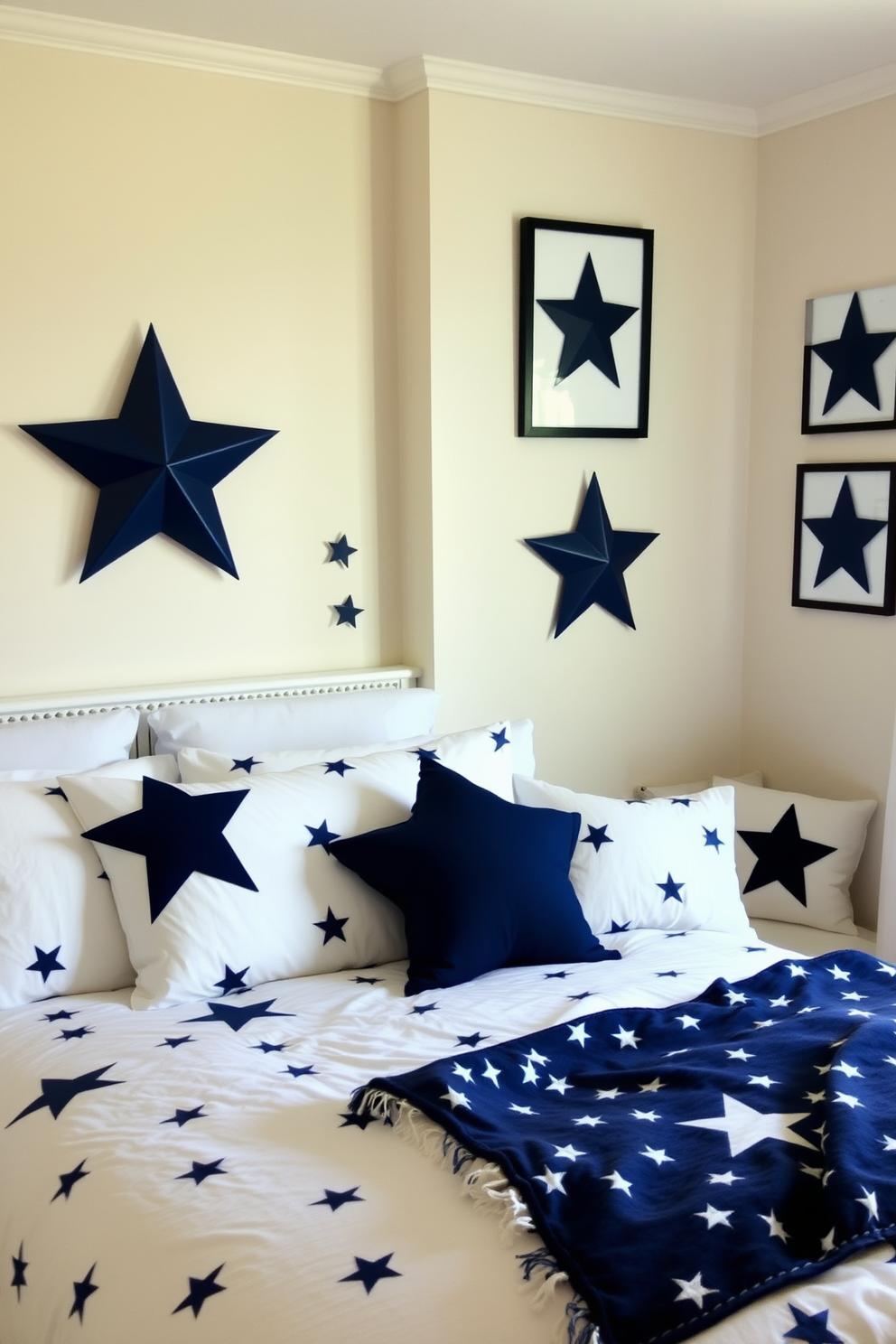 A serene bedroom setting featuring star-shaped decorative accents throughout the space. The bedding is a soft white with navy blue star patterns, and decorative pillows add a touch of whimsy. On the walls, framed star-themed artwork complements the overall theme. A cozy reading nook with a star-patterned throw blanket invites relaxation and comfort.