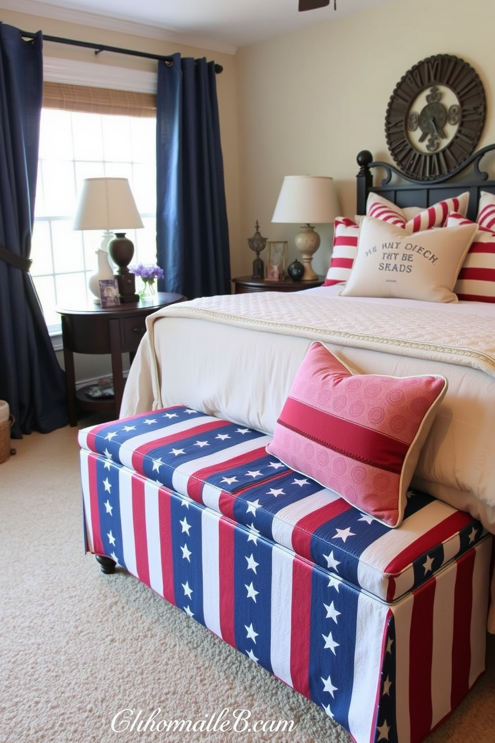 A cozy bedroom featuring a cushioned bench upholstered in patriotic fabric with stars and stripes. The bench is positioned at the foot of a neatly made bed adorned with red, white, and blue throw pillows and a soft quilt.