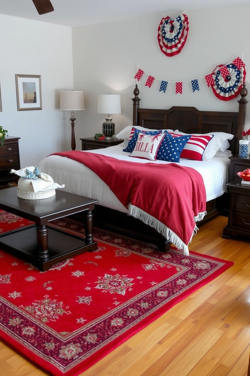 A vibrant bedroom featuring colorful vases filled with seasonal blooms. The vases are strategically placed on a stylish bedside table next to a cozy bed adorned with patriotic-themed pillows and a soft throw blanket.