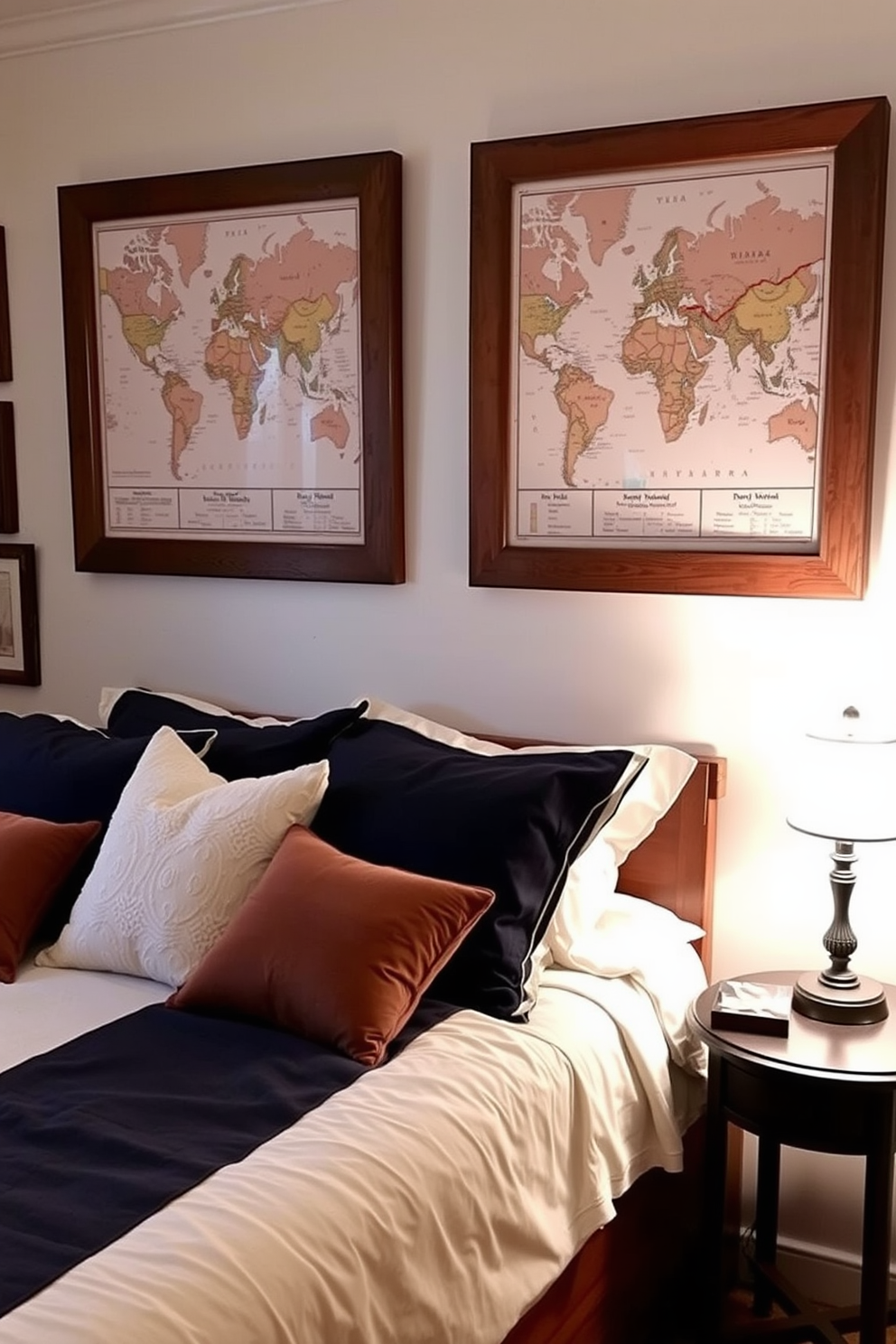 A cozy bedroom adorned with vintage maps as wall decor. The maps are framed in rustic wooden frames, creating a warm and inviting atmosphere. The bedding features a classic navy and white color scheme, complemented by soft, textured throw pillows. A small bedside table holds a vintage lamp, casting a gentle glow over the room.