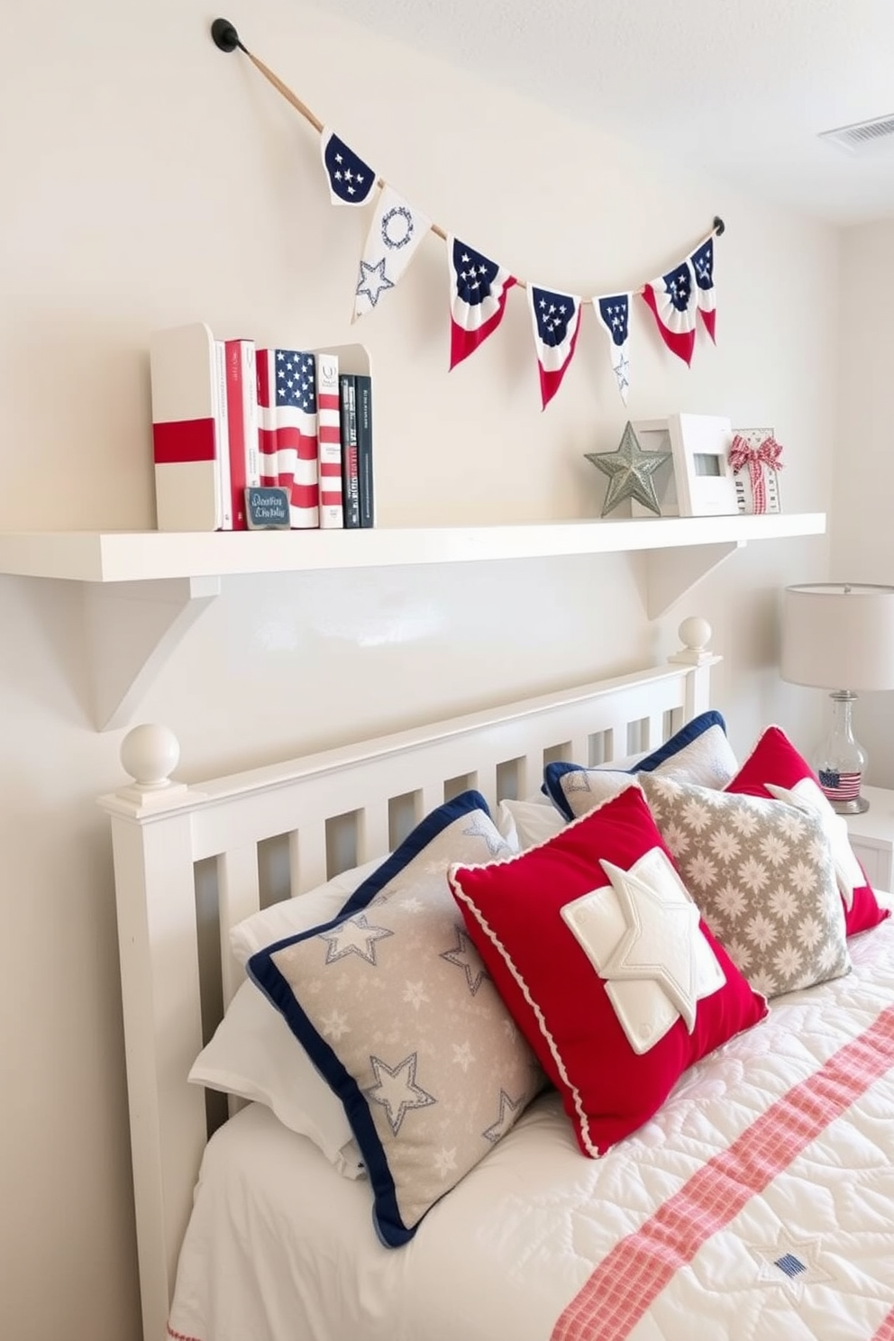 Patriotic themed bookends are displayed on wooden shelves, featuring designs of the American flag and stars. The shelves are painted in a soft white color, creating a bright and airy atmosphere. The bedroom is decorated with red, white, and blue accents, including a cozy quilt on the bed and throw pillows with star patterns. A subtle banner with patriotic motifs hangs above the bed, adding a festive touch for Memorial Day.