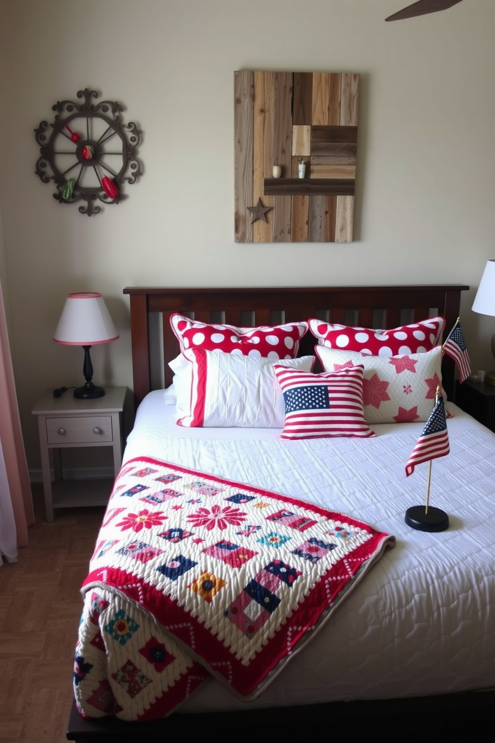 Create a cozy bedroom setting that showcases handmade crafts for personalized touches. Incorporate a handcrafted quilt draped over the bed and unique wall art made from reclaimed wood. Design a Memorial Day themed bedroom that features red, white, and blue accents throughout. Include decorative pillows with patriotic patterns and a small flag displayed on the nightstand.