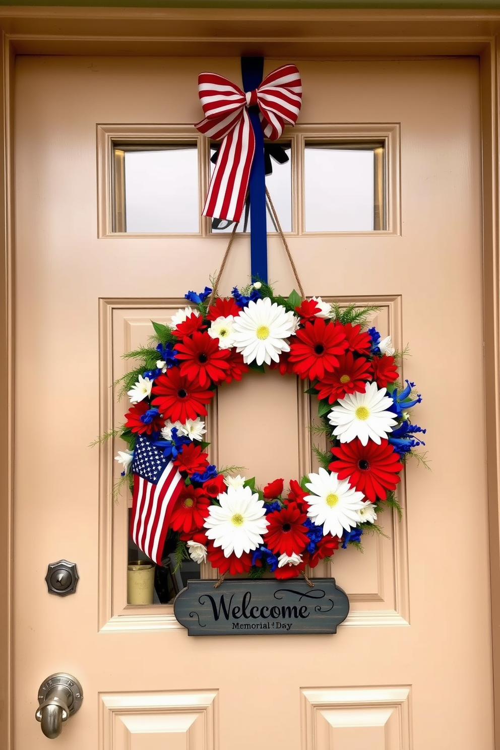 A beautifully decorated bedroom door features a vibrant seasonal wreath made of red white and blue flowers celebrating Memorial Day. The wreath is adorned with small American flags and is complemented by a charming welcome sign hanging just below it.