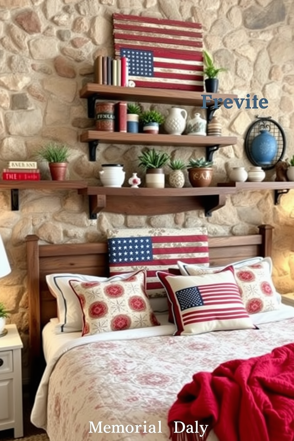 Rustic wooden shelves are adorned with curated decor items including vintage books, potted plants, and handcrafted pottery. The shelves are mounted on a textured stone wall, complementing the warm tones of the room. For Memorial Day, the bedroom is decorated with red, white, and blue accents featuring a cozy quilt on the bed, patriotic throw pillows, and a rustic wooden flag art piece above the headboard. Soft lighting from bedside lamps creates a welcoming atmosphere, perfect for celebrating the holiday.