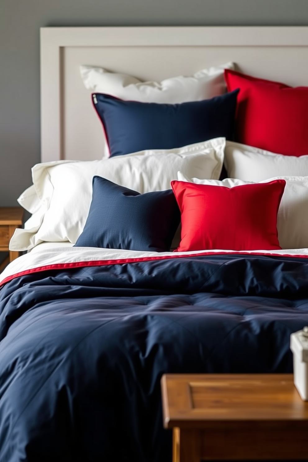 A cozy bedroom featuring layered bedding with contrasting colors. The comforter is a deep navy blue while the throw pillows are in vibrant red and soft white, creating a striking visual contrast.