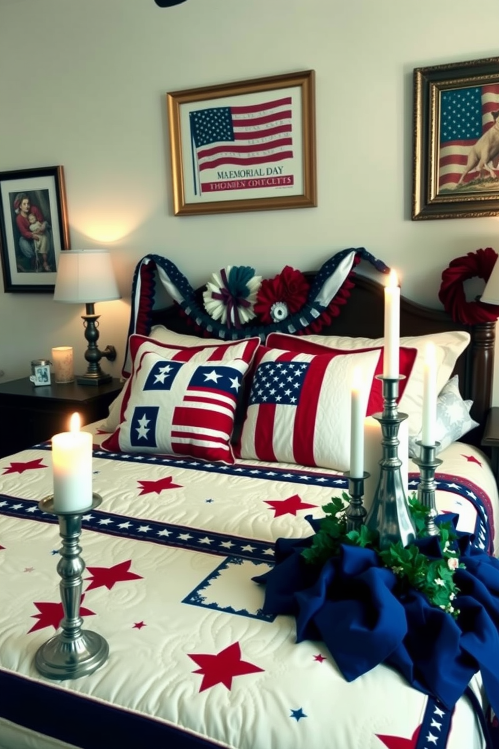 A cozy bedroom adorned with red white and blue decorations for Memorial Day. The bed is dressed in a patriotic quilt featuring stars and stripes with matching throw pillows. On the nightstands, there are elegant candles in red white and blue hues flickering softly. The walls are decorated with framed artwork that showcases American flags and seasonal motifs.