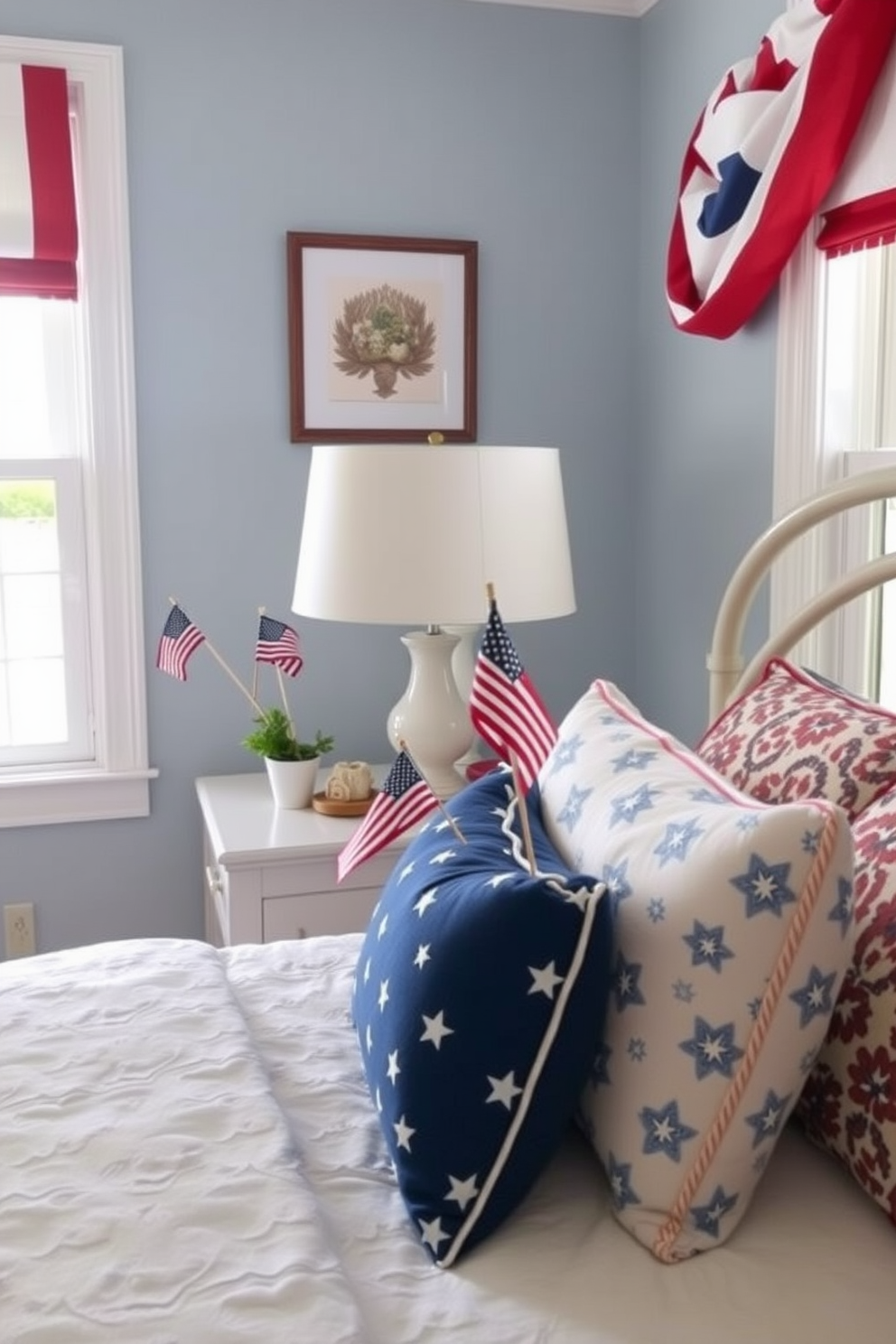 Create a cozy bedroom setting for Memorial Day. Incorporate miniature flags placed in flower pots on the nightstands and windowsills, adding a festive touch. Use a color palette of red, white, and blue throughout the room. Include decorative pillows and throws that feature patriotic patterns to enhance the theme.