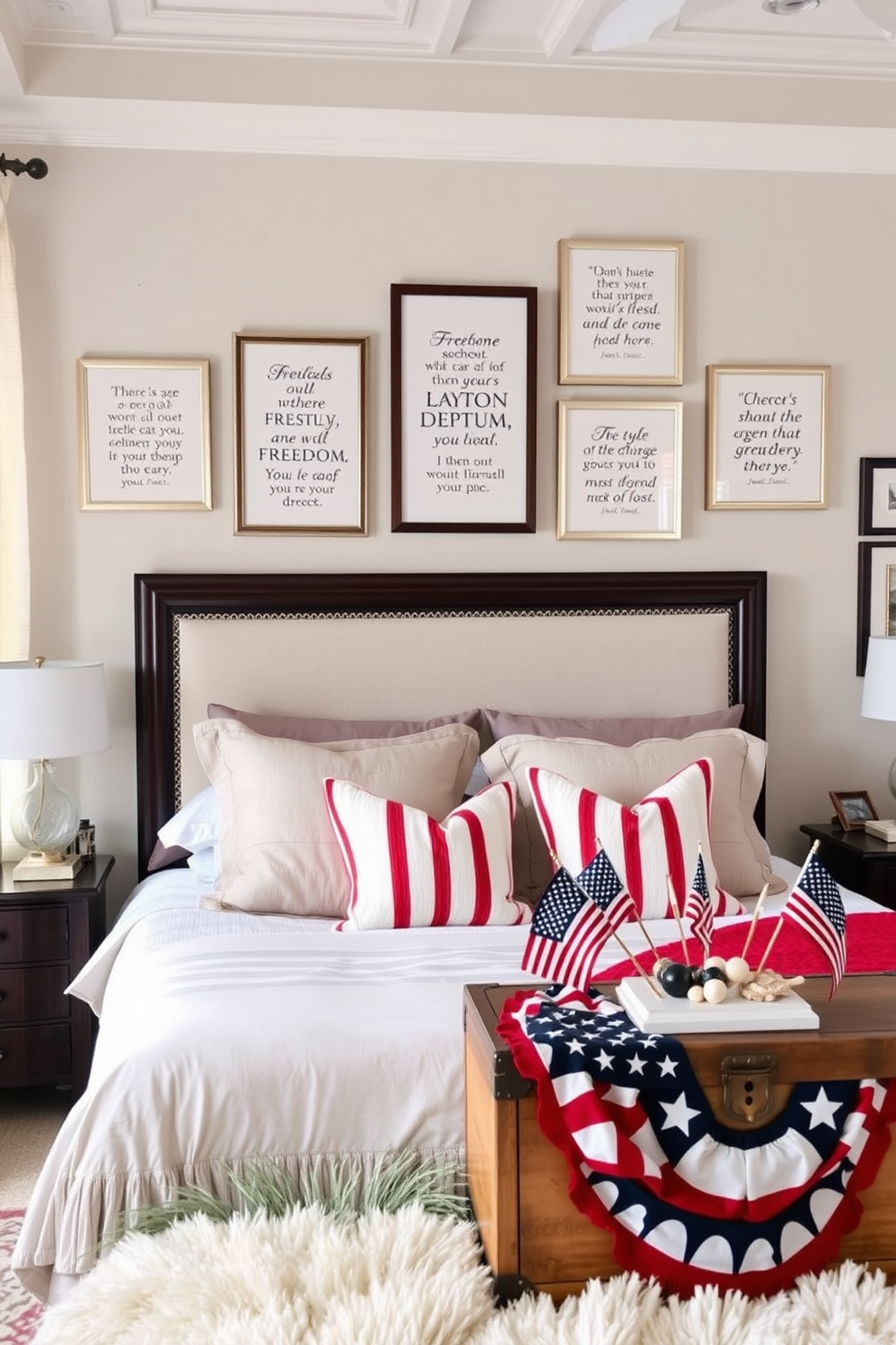 A serene bedroom setting featuring a beautifully styled wall adorned with framed quotes about freedom. The decor includes soft, neutral-toned bedding and a plush area rug that complements the overall design. Incorporate elements of Memorial Day by adding subtle patriotic accents such as red, white, and blue throw pillows. A decorative display of small flags and a vintage trunk at the foot of the bed enhance the festive yet elegant atmosphere.