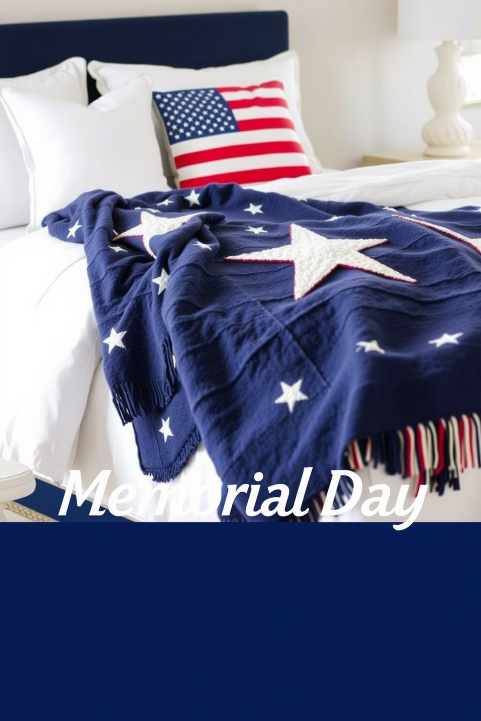 A collection of Memorial Day themed picture frames adorns the walls of a cozy bedroom. Each frame features patriotic colors and designs, showcasing family memories and honoring loved ones who served. The bedroom is decorated in a red, white, and blue color scheme, with a quilted bedspread and decorative pillows that reflect the theme. Subtle touches like star-shaped accents and small flags add a festive yet respectful atmosphere to the space.