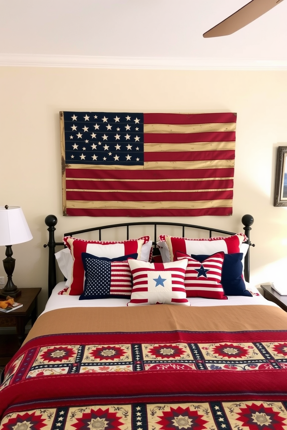 A cozy bedroom featuring vintage American flags as wall art creates a patriotic atmosphere. The walls are painted in soft white to enhance the charm of the flags, which are framed in rustic wooden frames. A plush navy blue bedspread contrasts beautifully with the white walls and is adorned with red and white striped throw pillows. A small wooden nightstand holds a vintage lamp, adding warmth and character to the space.