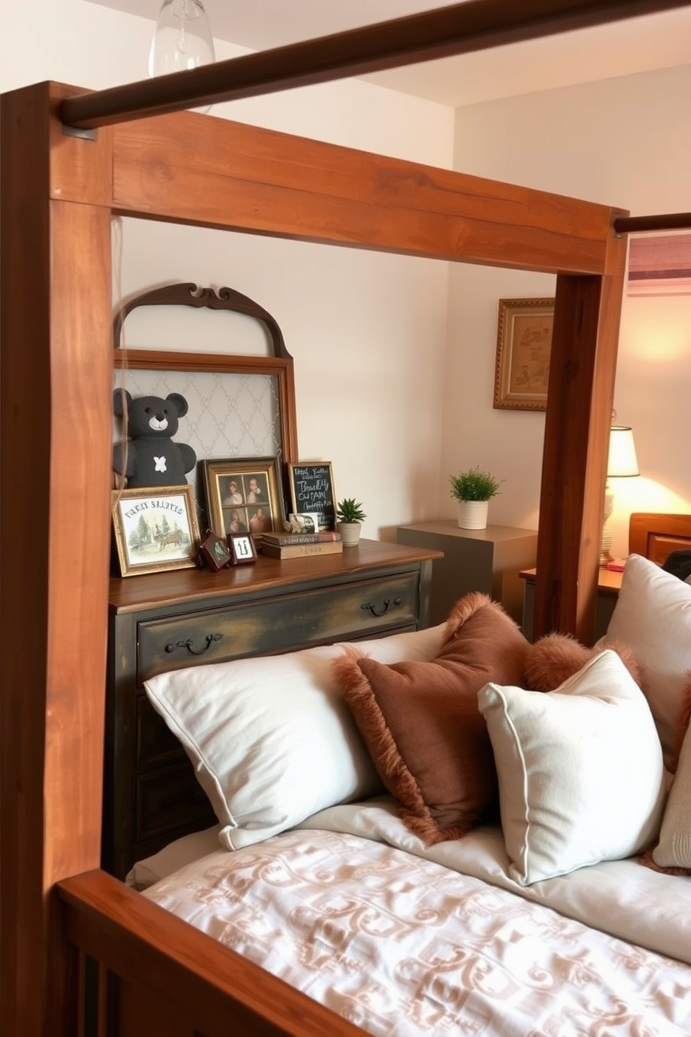 A cozy bedroom featuring rustic wooden furniture pieces. The bed is framed with reclaimed wood, adorned with soft linen bedding and a collection of plush throw pillows. A vintage dresser stands against the wall, showcasing a selection of decorative items and a small potted plant. Warm lighting from a bedside lamp creates an inviting atmosphere, enhancing the charm of the rustic decor.