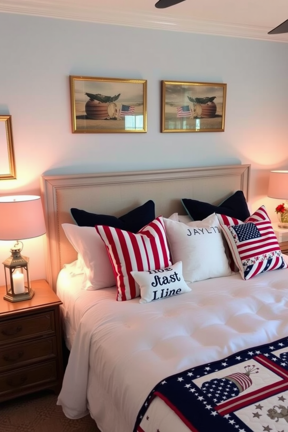 A cozy bedroom ambiance is created with decorative lanterns placed on bedside tables. The warm glow from the lanterns enhances the soft color palette of the room, featuring light blue walls and white bedding. For Memorial Day, the bedroom is adorned with red, white, and blue accents. Patriotic throw pillows and a festive quilt add a touch of celebration to the serene space.