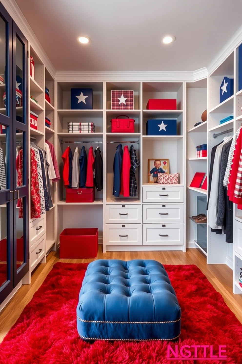 A stylish closet design featuring a patriotic red white and blue color scheme. The walls are painted in a soft white, while the shelving and storage units are accented with deep blue and vibrant red touches. Incorporate decorative elements such as stars and stripes in the accessories. A plush red rug lies on the floor, and a stylish blue ottoman is placed in the center for added functionality and comfort.