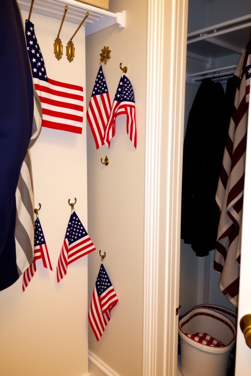 A stylish closet space designed for Memorial Day displays. Decorative hooks are mounted on the wall, showcasing vibrant flags in a festive arrangement.