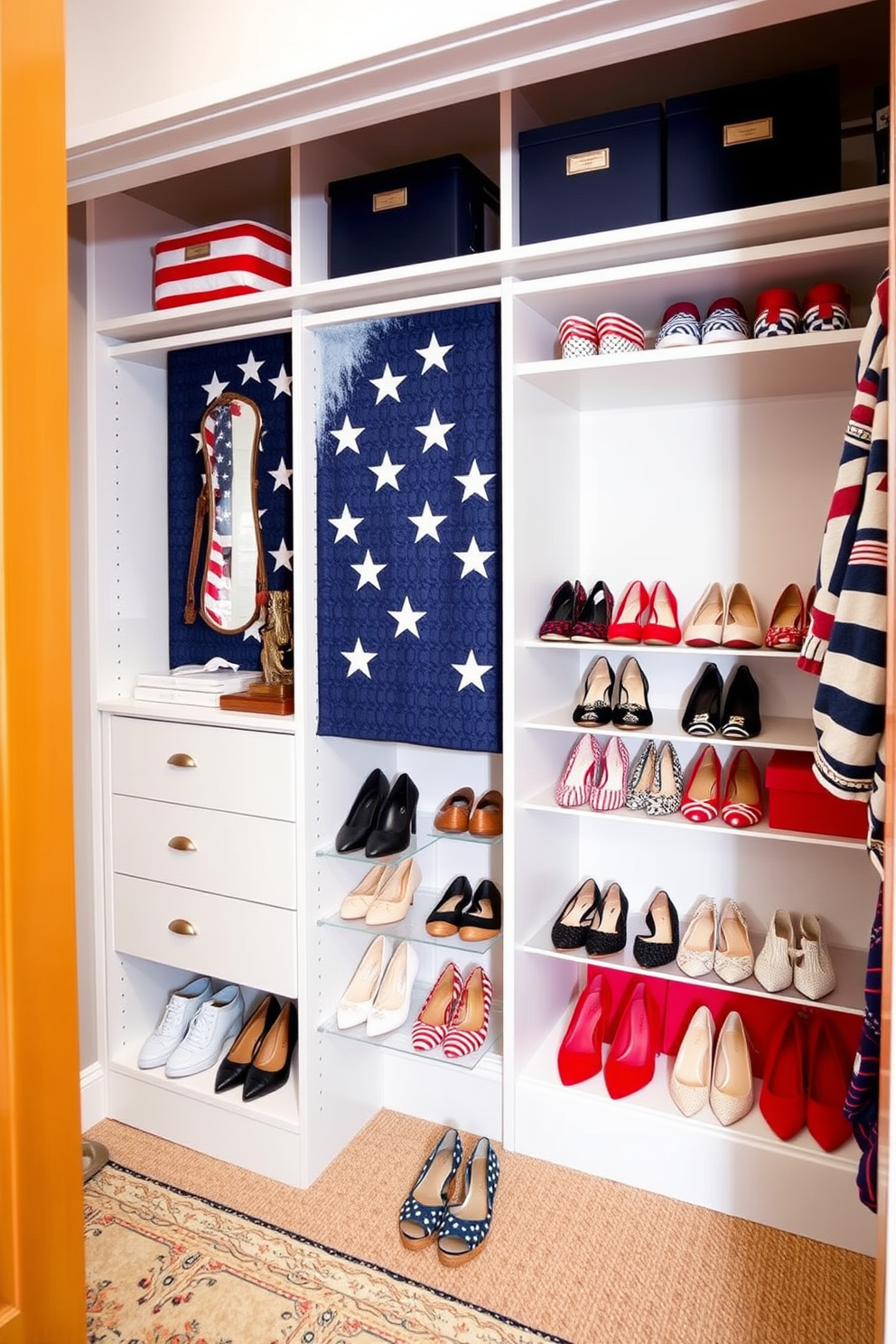 Create a stylish closet space featuring shoes arranged in a flag pattern to celebrate Memorial Day. The closet should have a mix of open shelving and closed cabinetry, with vibrant red, white, and blue accents throughout the design.