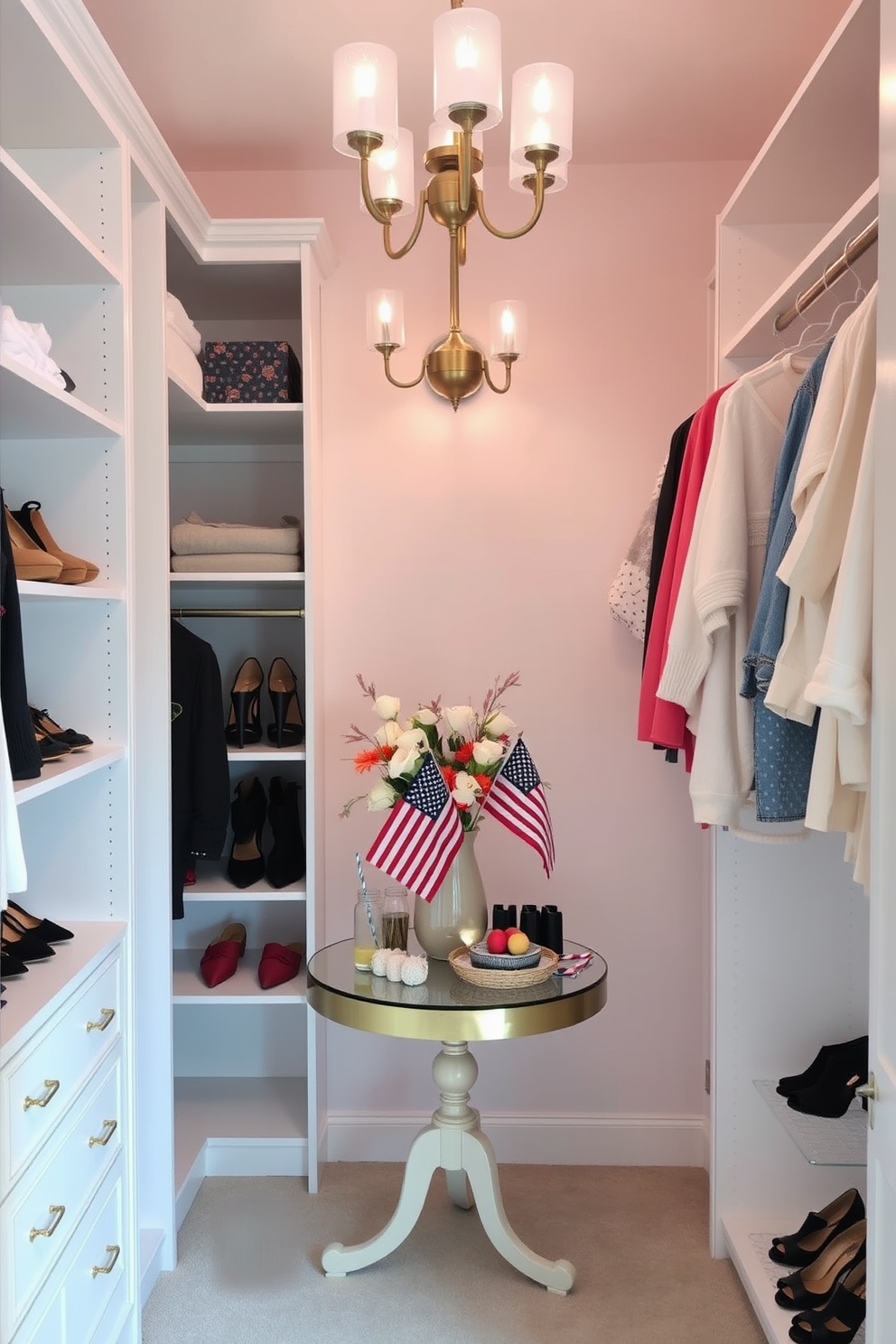 A stylish closet space featuring organized shelves and hanging racks. In one corner, a small table is set up for refreshments, adorned with a chic vase and seasonal decor for Memorial Day. The walls are painted in a soft pastel hue, creating a serene atmosphere. Elegant lighting fixtures illuminate the space, highlighting the neatly arranged shoes and accessories.