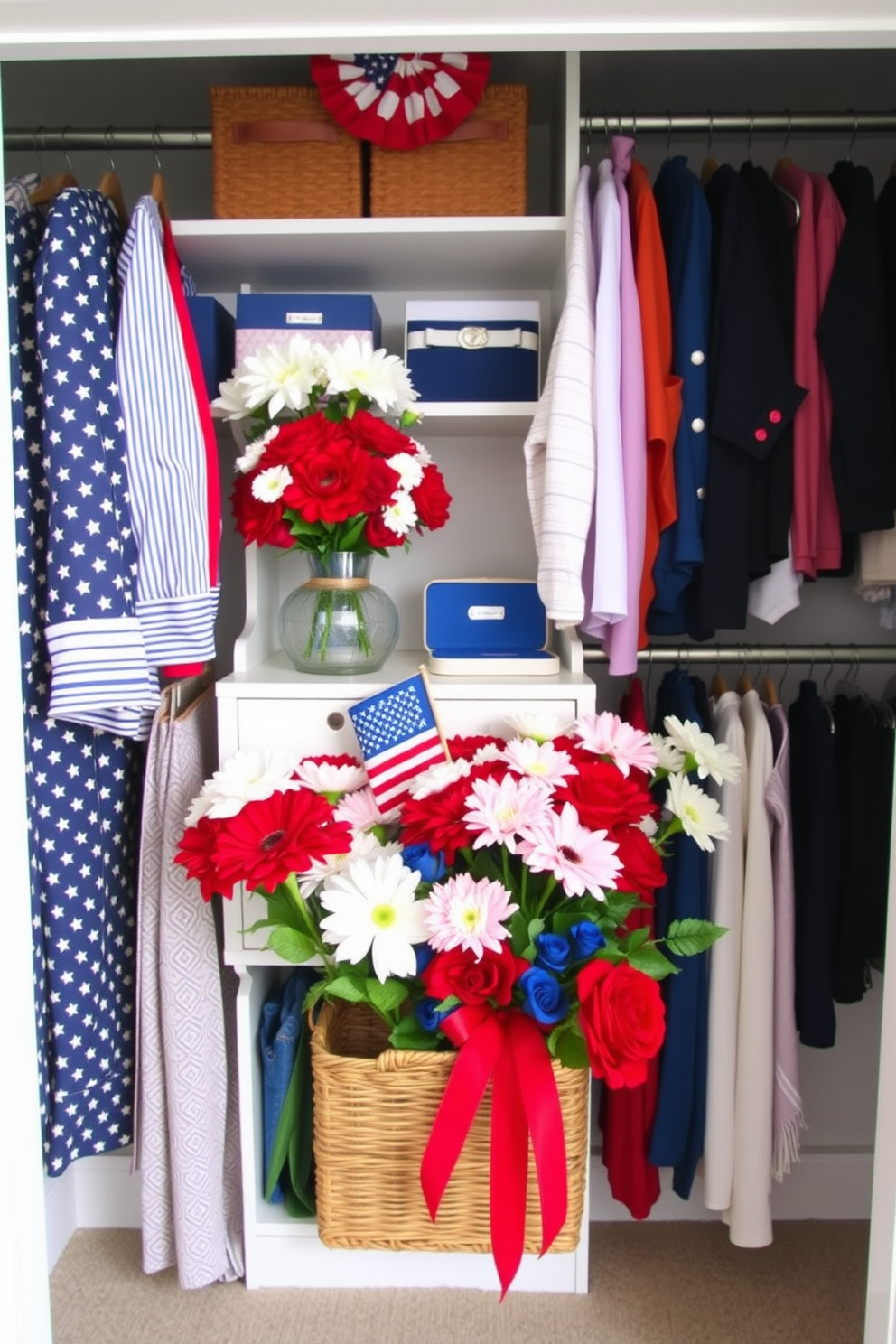 A beautifully organized closet featuring woven baskets in various sizes for easy storage. The baskets are neatly arranged on shelves, creating a functional yet stylish display for shoes and accessories. The closet walls are painted in a soft pastel hue, enhancing the light and airy feel of the space. Elegant hangers showcase seasonal clothing, while decorative touches like a small potted plant add a refreshing accent.