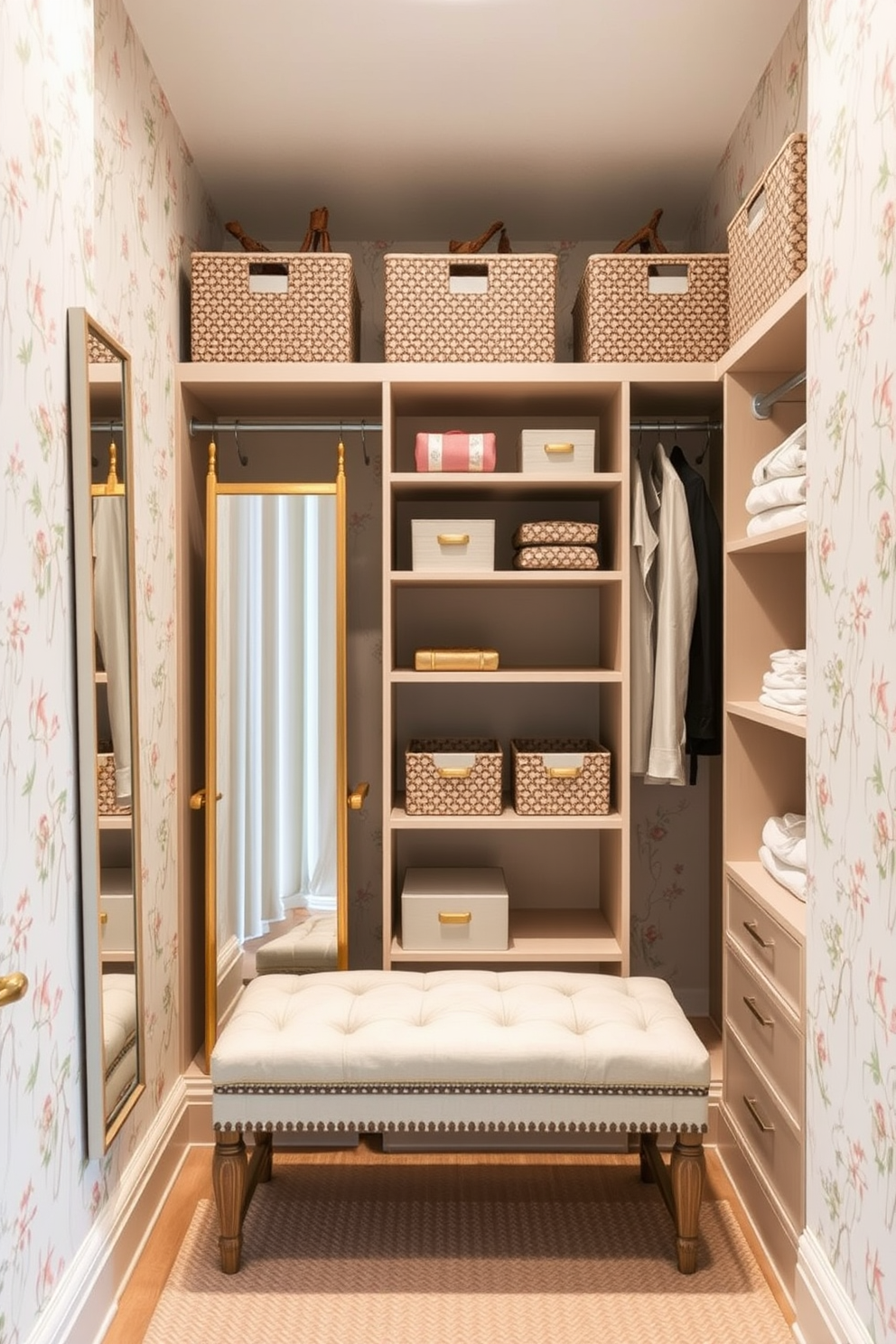 Create a stylish closet design featuring removable wallpaper that adds a fresh and vibrant touch. The wallpaper showcases a subtle floral pattern in pastel colors, enhancing the overall aesthetic of the space. Incorporate functional storage solutions such as open shelves and elegant bins to keep the closet organized. Add decorative elements like a full-length mirror and a small bench for a cozy and inviting atmosphere.