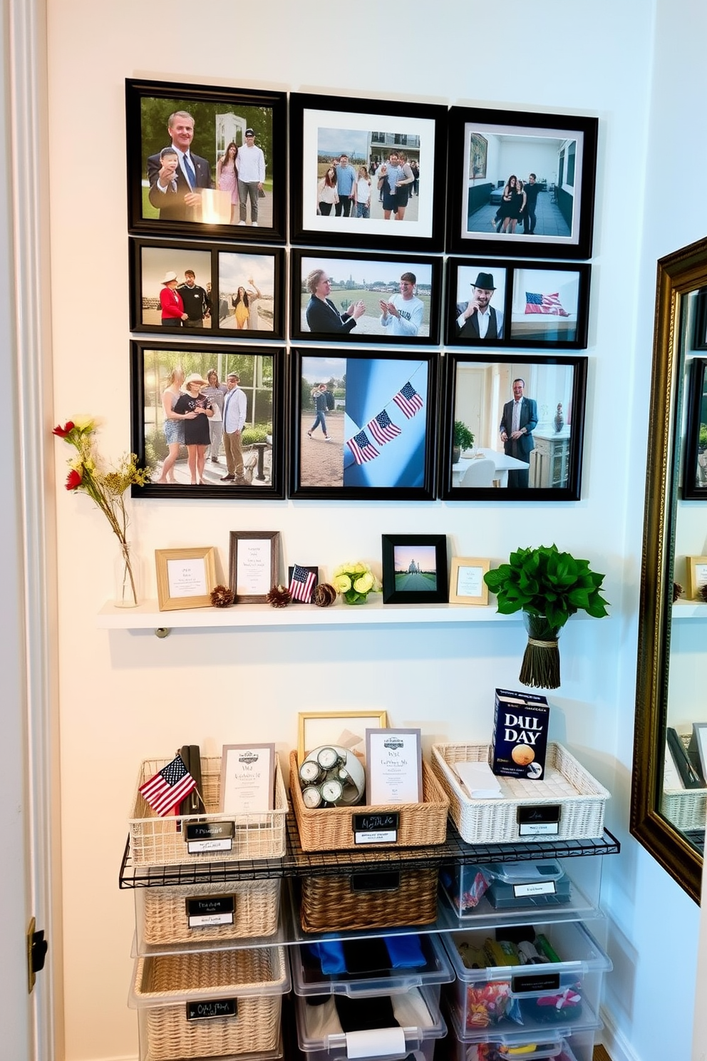 A cheerful closet space decorated for Memorial Day features a flag-themed banner draped across the top of the closet entrance. The interior showcases neatly organized red, white, and blue accessories, with patriotic-themed storage bins and festive decorations enhancing the celebratory atmosphere.