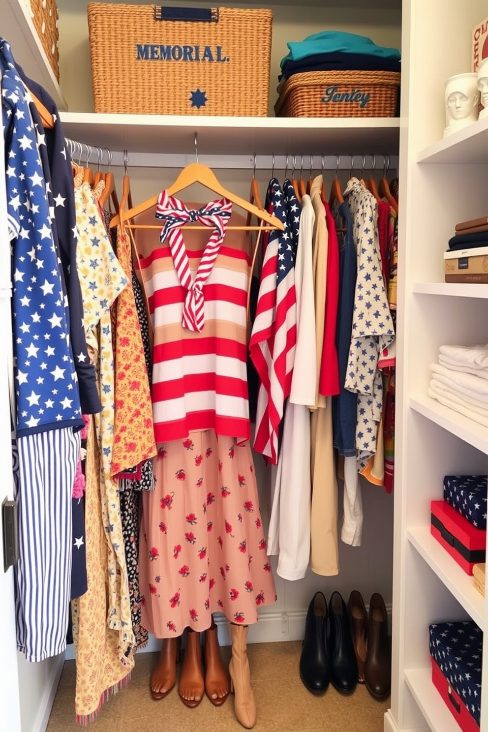 A cozy closet space designed for Memorial Day celebrations. The closet features a stylish arrangement of red white and blue decor with a small indoor plant placed on a shelf to add a touch of greenery. The walls are painted a soft cream color and the shelving is made of light wood. Decorative bins in patriotic colors hold seasonal accessories while a small mirror reflects the festive atmosphere.