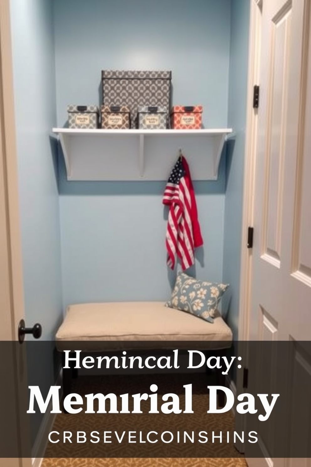 A cozy closet space designed for Memorial Day celebrations features a small upholstered bench positioned against the wall. The walls are painted a soft blue, and decorative storage boxes are neatly arranged on shelves above the bench, creating an inviting and organized atmosphere.