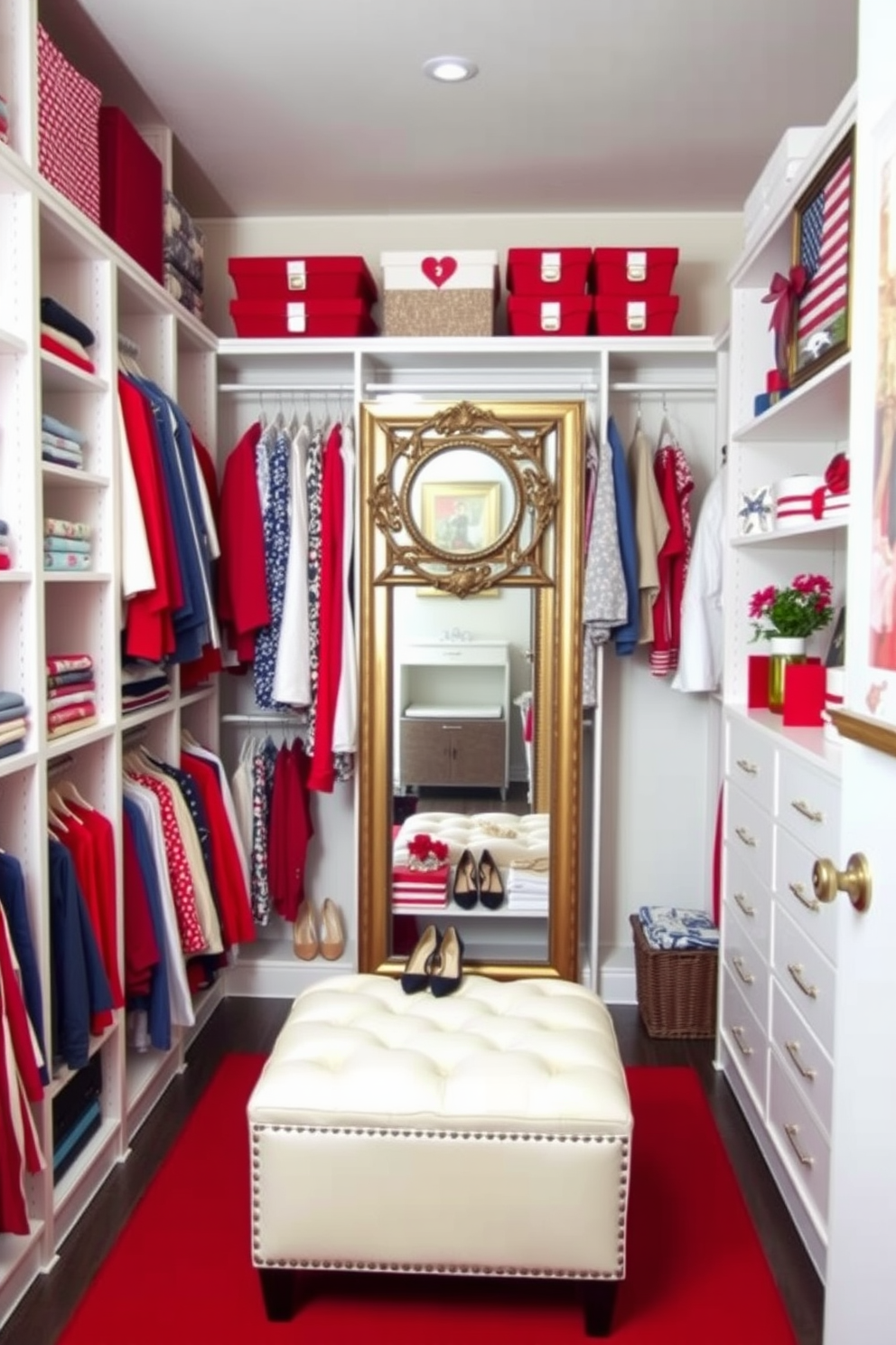 **Memorial Day Closet Decorating Ideas** Imagine a spacious closet with organized shelves filled with vibrant red, white, and blue clothing options. A large mirror with a decorative frame reflects the colorful outfits, while a stylish ottoman sits in the center for easy access to shoes. The walls are adorned with patriotic-themed artwork, creating a festive atmosphere. Soft lighting illuminates the space, highlighting neatly arranged accessories and seasonal decorations.