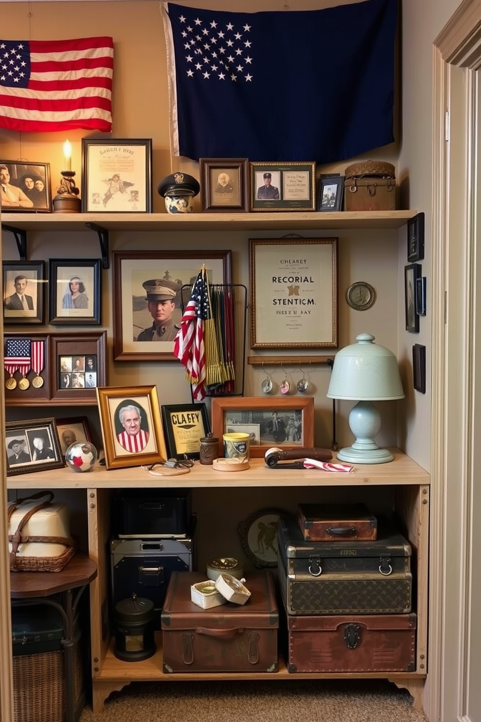 Create a cozy and inviting display featuring vintage military memorabilia pieces. Arrange the items thoughtfully on shelves and tables, ensuring that each piece tells a story and evokes a sense of history. Incorporate elements that celebrate Memorial Day, such as flags, photographs, and medals. Use warm lighting to highlight the memorabilia and create a respectful and patriotic atmosphere in the space. Design a closet that reflects personal style while maintaining functionality. Utilize vintage storage solutions and decorative boxes to keep the space organized and visually appealing.