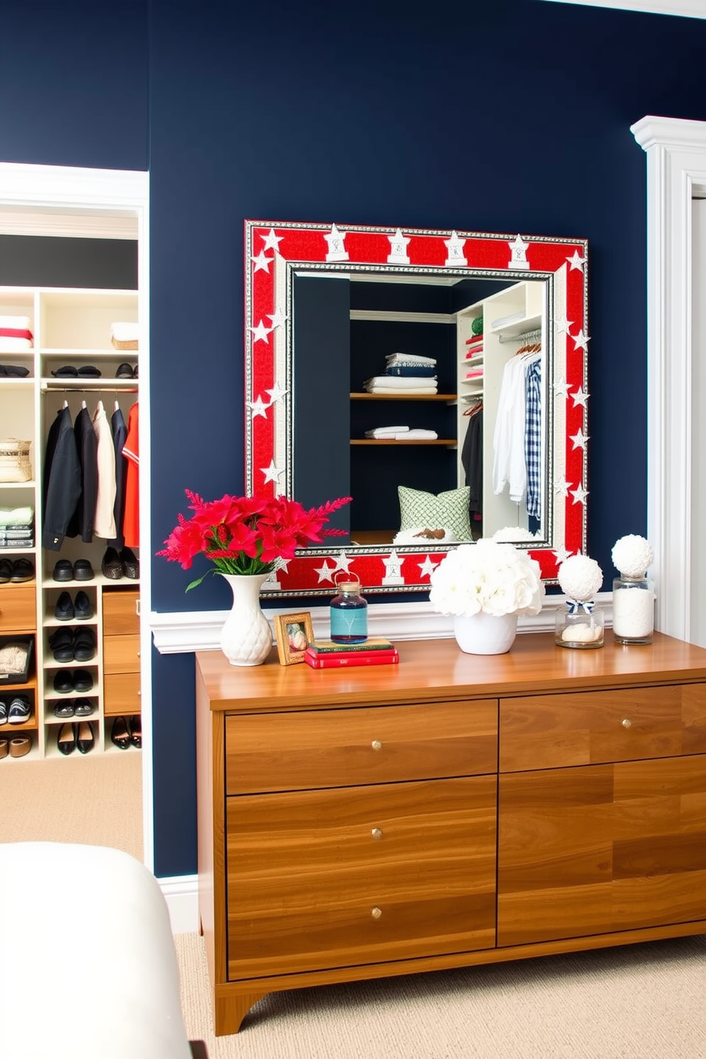 Hang a large mirror with a patriotic frame that features stars and stripes. The mirror is centered above a stylish wooden dresser adorned with red white and blue decorative accents. In the closet design incorporate shelves for shoes and a dedicated space for holiday attire. Use a color palette of navy blue and crisp white to create a fresh and festive atmosphere.