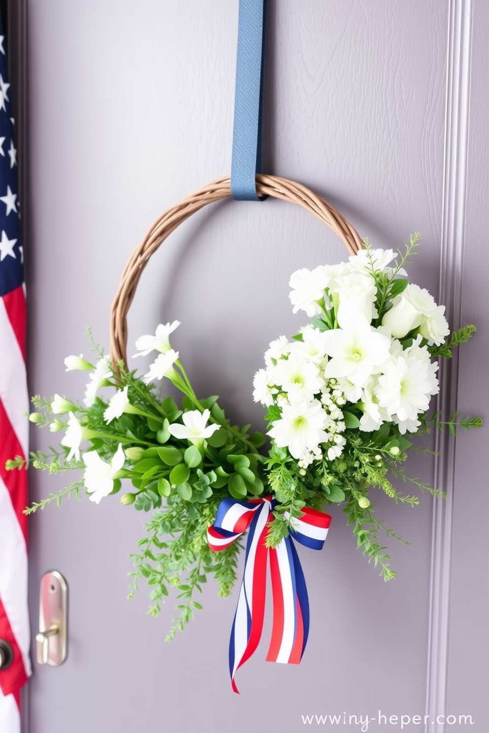 A beautifully organized closet featuring fabric bins in soft pastel colors for a gentle touch. The bins are neatly arranged on shelves, providing an elegant storage solution while keeping the space visually appealing. Incorporate patriotic decor elements for a Memorial Day theme, such as small flags or red, white, and blue accents. The closet is illuminated with warm lighting, enhancing the inviting atmosphere of the space.