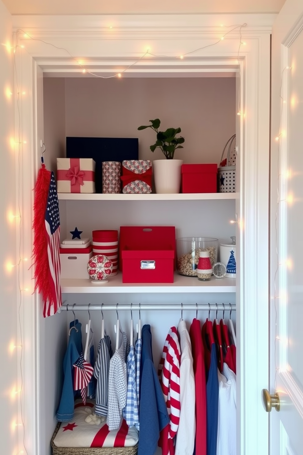 A cozy closet space designed for Memorial Day celebrations. The walls are adorned with soft white paint, and string lights are draped along the shelves to create a warm ambiance. The closet features neatly organized red, white, and blue accessories, including festive decorations and seasonal clothing. A small potted plant sits on the top shelf, adding a touch of greenery to the inviting atmosphere.