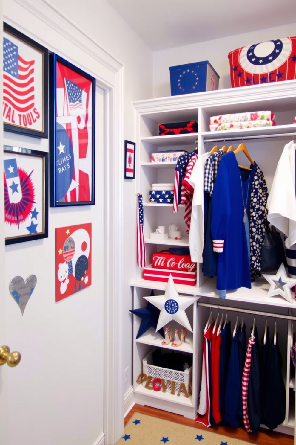 A cozy and inviting closet space features a small round table in the center adorned with a decorative vase filled with fresh flowers. The walls are painted in a soft pastel hue, and shelves are neatly organized with seasonal decor inspired by Memorial Day, including red, white, and blue accents.