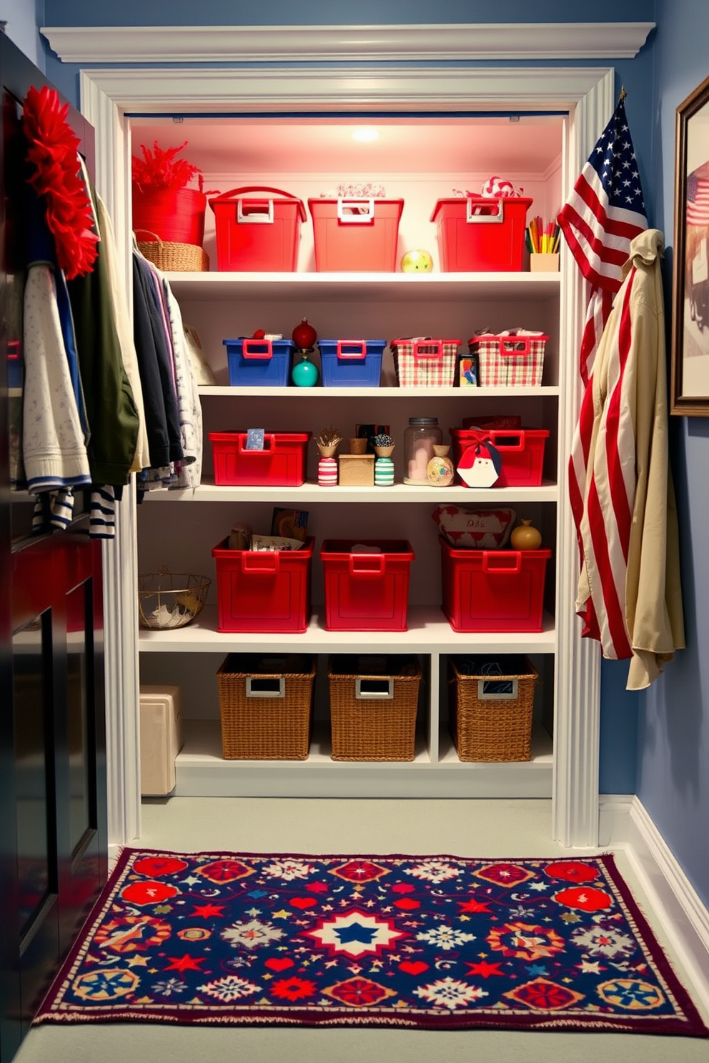 A cozy living room filled with bright cushions in various patterns and colors, creating an inviting atmosphere. The space features a plush sofa, a large coffee table, and a vibrant area rug that ties the room together. In the corner, a stylish closet is adorned with seasonal decorations for Memorial Day, showcasing red, white, and blue accents. Shelves are neatly organized with summer attire and accessories, while a small flag adds a festive touch.