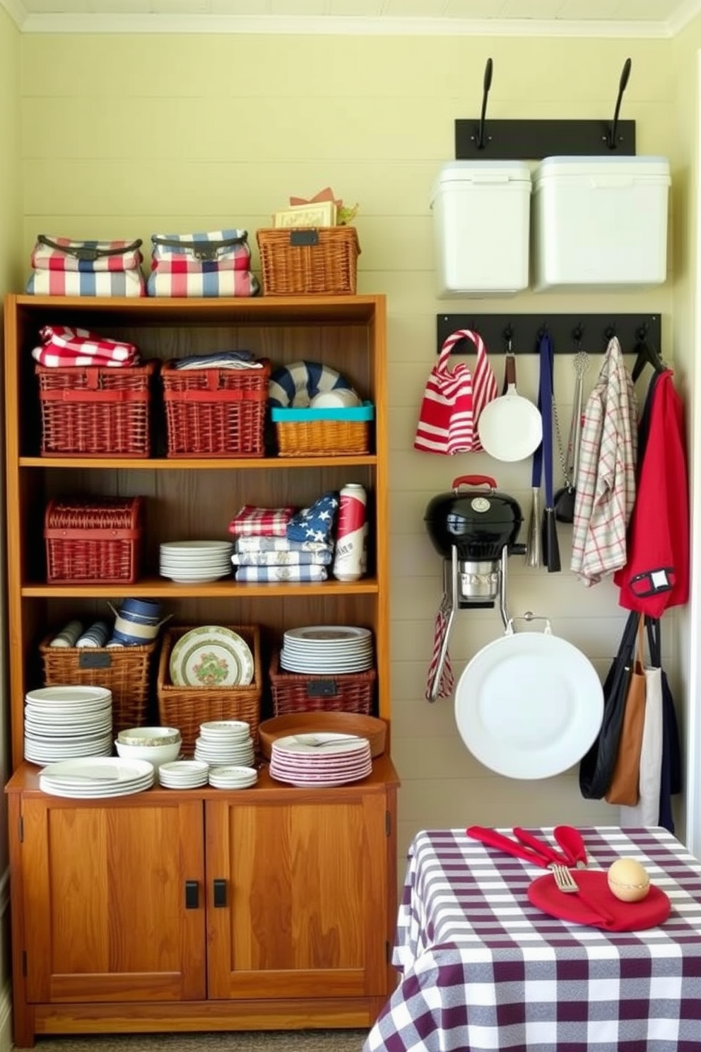 Create a dedicated area for picnic supplies featuring a stylish wooden shelving unit filled with colorful picnic baskets and blankets. The space is adorned with seasonal decorations like red, white, and blue accents to celebrate Memorial Day. Incorporate a small table with a checkered tablecloth, showcasing an array of plates and utensils ready for outdoor dining. Use wall-mounted hooks to hang picnic gear such as coolers and portable grills, ensuring everything is organized and easily accessible.