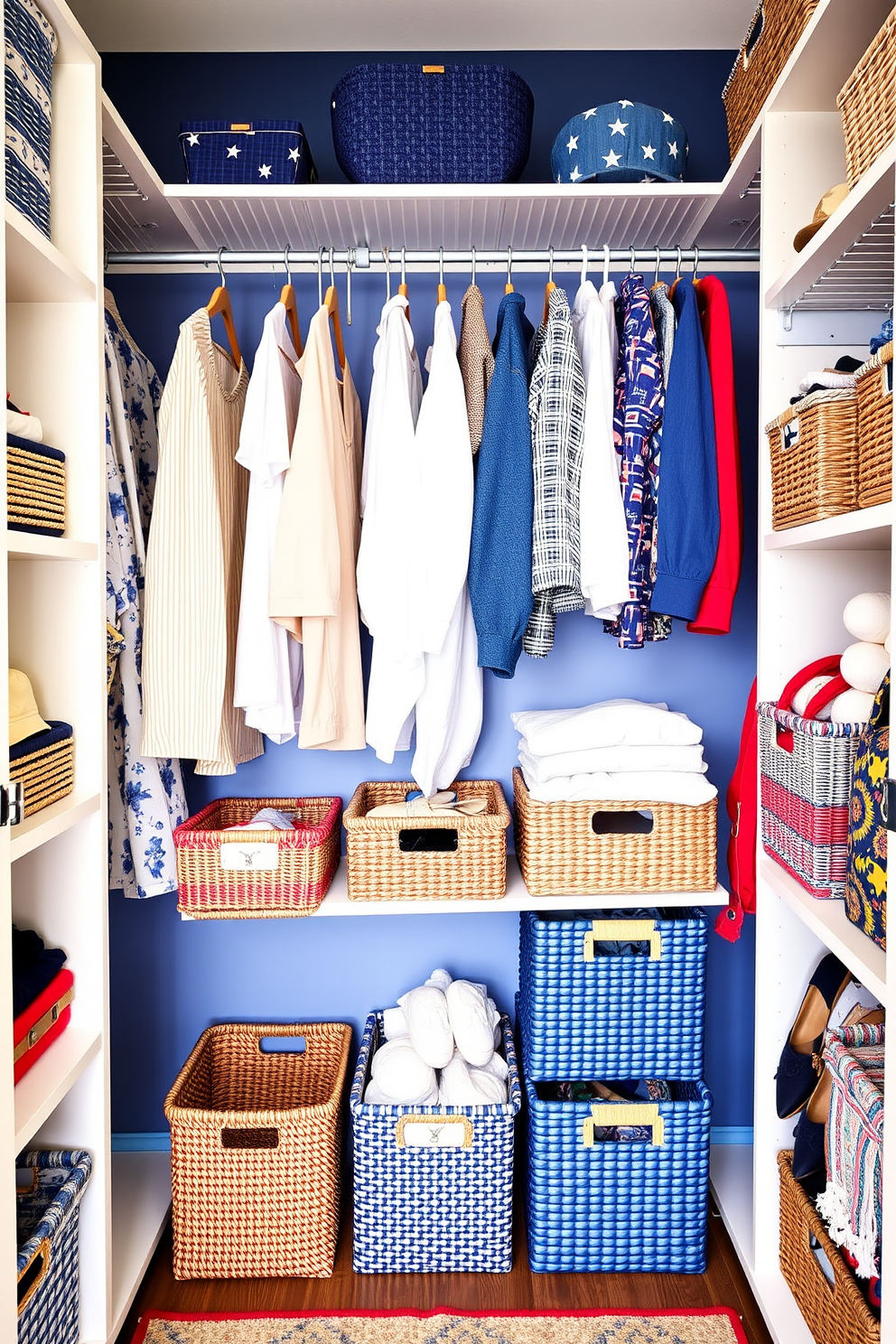 A stylish closet space designed for Memorial Day celebrations. The closet features an accent chair upholstered in red and white stripes, providing a cozy nook for putting on shoes or enjoying a moment of relaxation. Shelves are adorned with neatly folded linens and patriotic-themed decor, including small flags and seasonal accessories. Soft lighting illuminates the space, creating an inviting atmosphere perfect for organizing and displaying summer outfits.