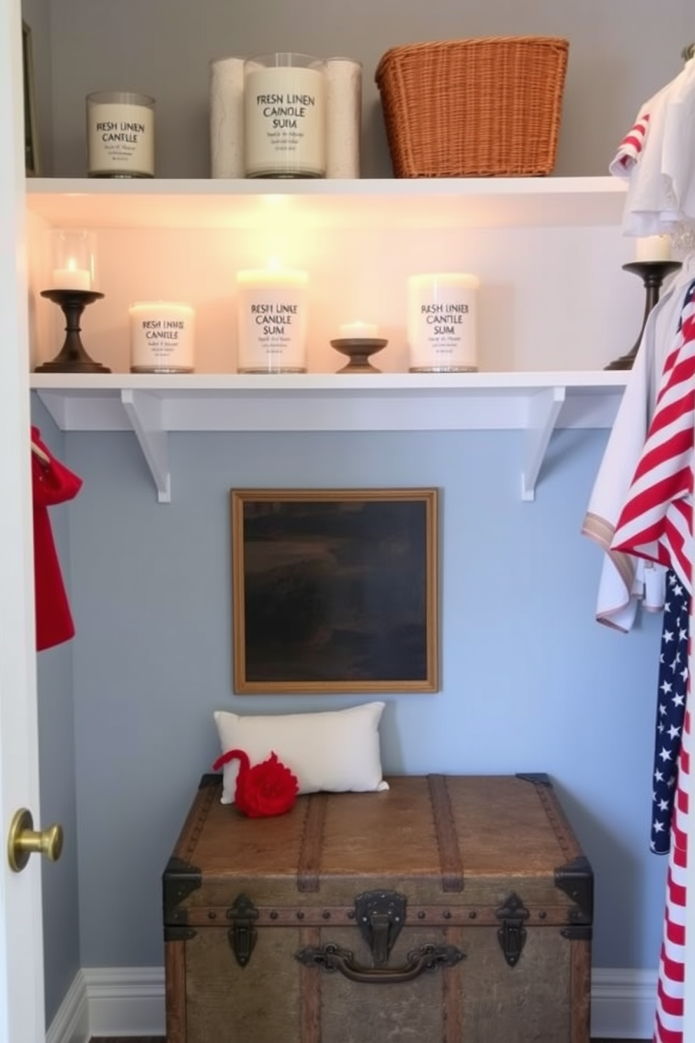 A cozy closet space designed for Memorial Day celebrations. The shelves are adorned with patriotic-themed candles that emit seasonal scents of fresh linen and ocean breeze. The walls are painted in a soft blue hue to evoke a sense of calm. Decorative elements include red and white accents, with a vintage trunk serving as a stylish storage solution for summer attire.