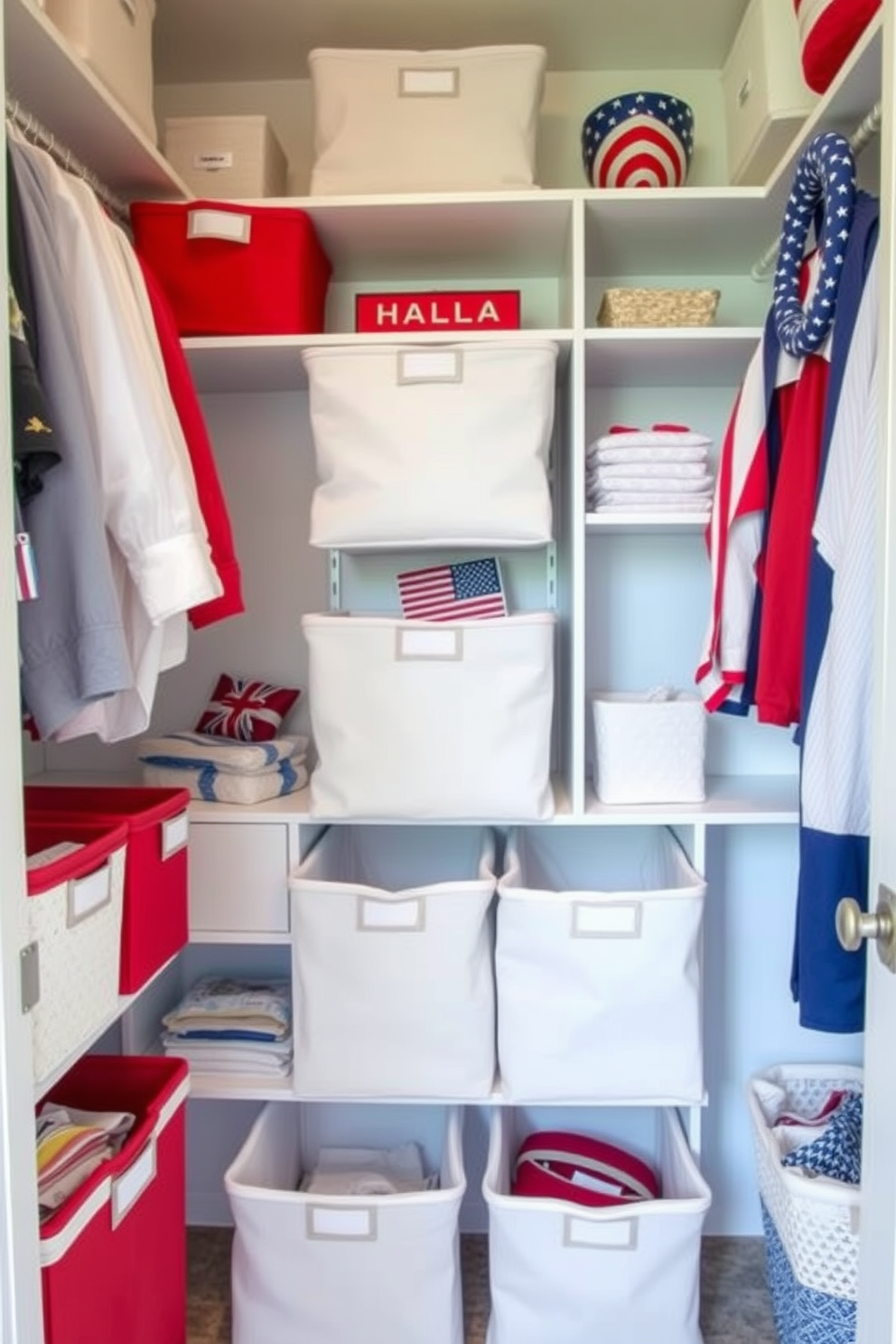 A stylish closet featuring fabric bins for soft storage options. The bins are organized by color and size, creating a visually appealing and functional space. Decorative elements inspired by Memorial Day are incorporated throughout the closet. Red, white, and blue accents are tastefully displayed, adding a festive touch to the overall design.