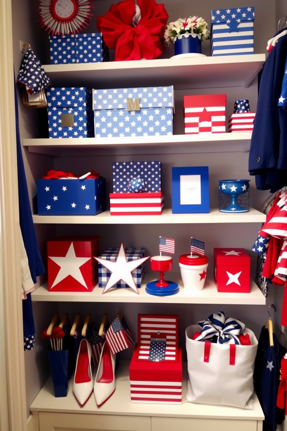 A vibrant display of red white and blue items is arranged in a stylish closet setting. The shelves are filled with decorative boxes, patriotic-themed clothing, and festive accessories that evoke the spirit of Memorial Day.