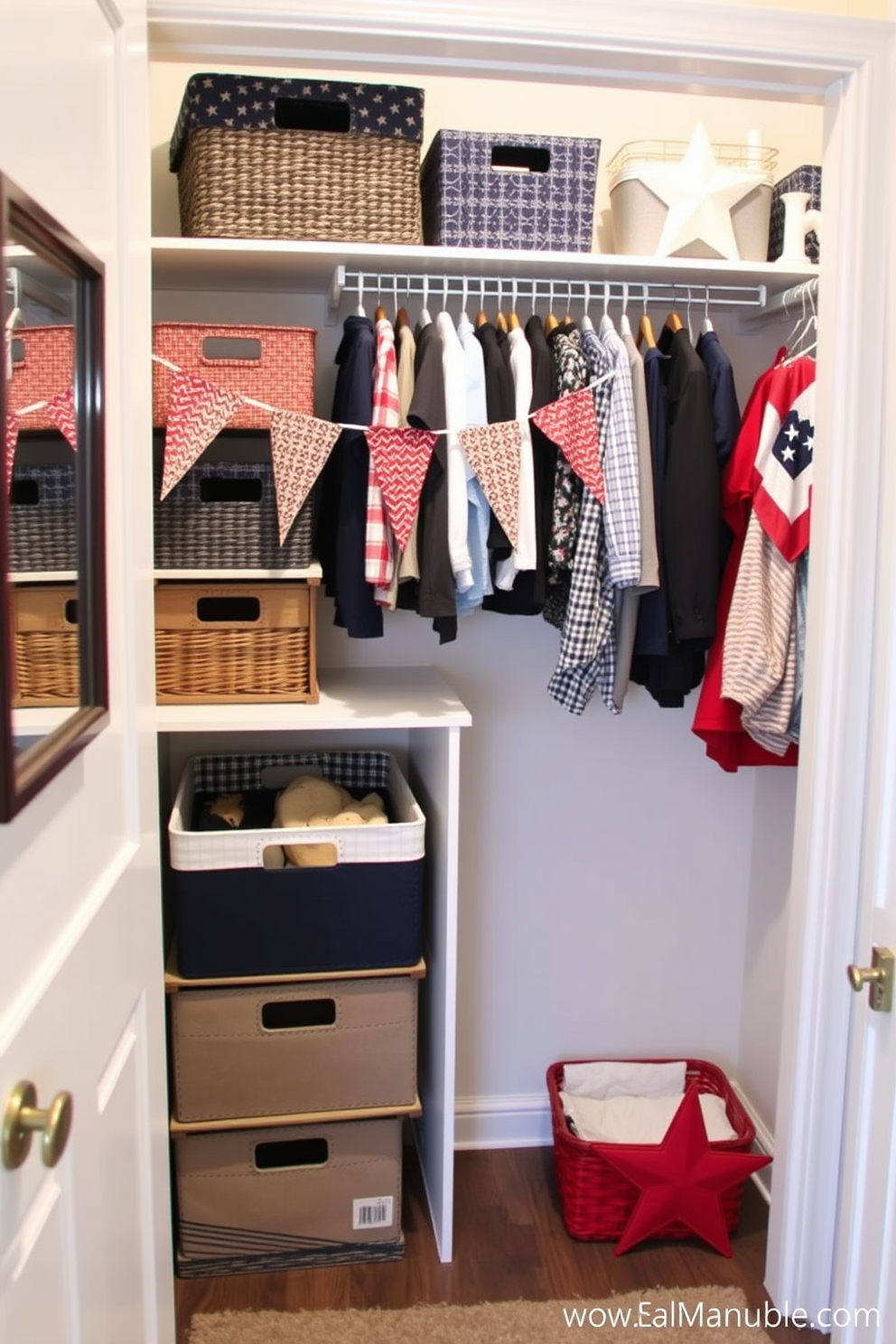 Create a cozy and inviting closet space that reflects personal style and creativity. Incorporate DIY storage solutions such as repurposed wooden crates and decorative baskets to add a unique touch. Design a festive Memorial Day themed closet with red white and blue accents. Use fabric bunting and star shaped decor to celebrate the holiday while keeping the space organized and functional.