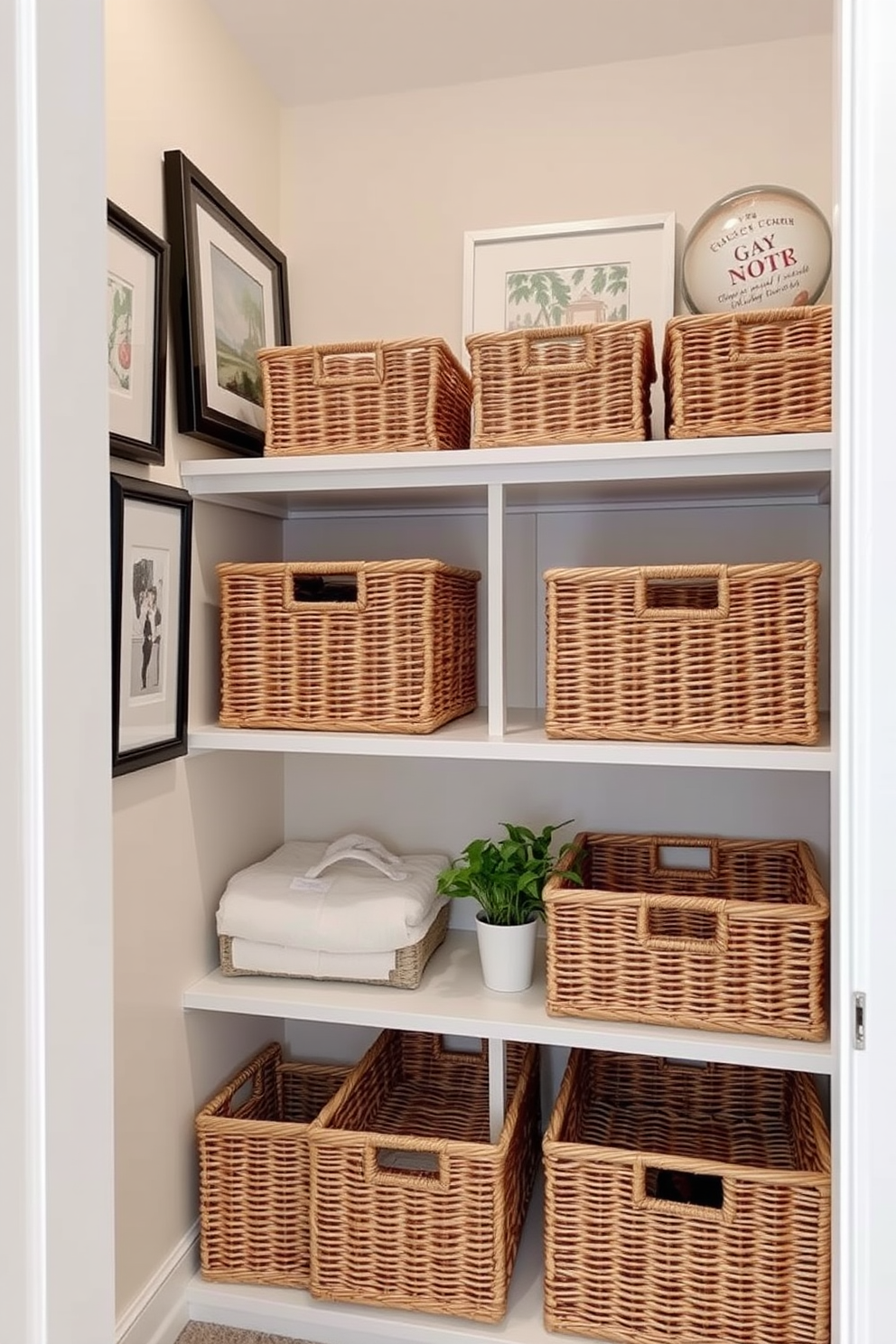 A cozy and organized closet space featuring wicker baskets for seasonal storage. The baskets are neatly arranged on shelves, providing a charming and functional solution for keeping items tidy and accessible. The closet walls are painted in a soft neutral tone, enhancing the warm look of the wicker. Decorative elements such as framed artwork and a small potted plant add a touch of personality to the space.