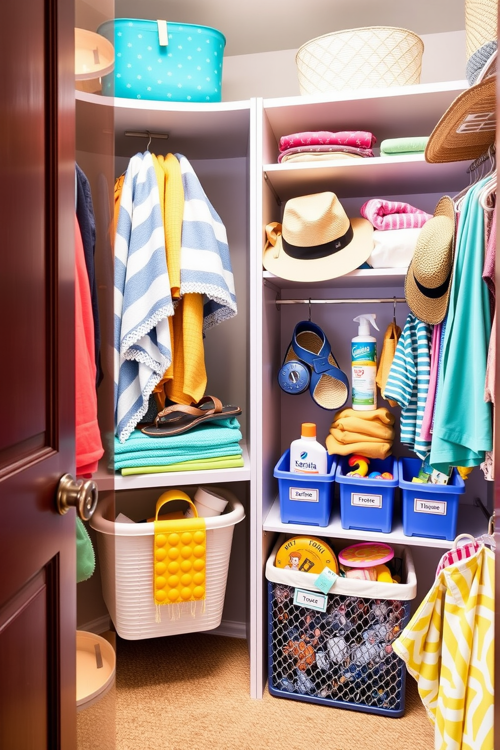 Create a dedicated space for summer gear in a well-organized closet. Incorporate bright colors and lightweight materials to evoke a cheerful and airy atmosphere. Use open shelving to display beach towels, sandals, and summer hats. Add labeled bins for sunscreen, swimwear, and outdoor games to keep everything easily accessible.