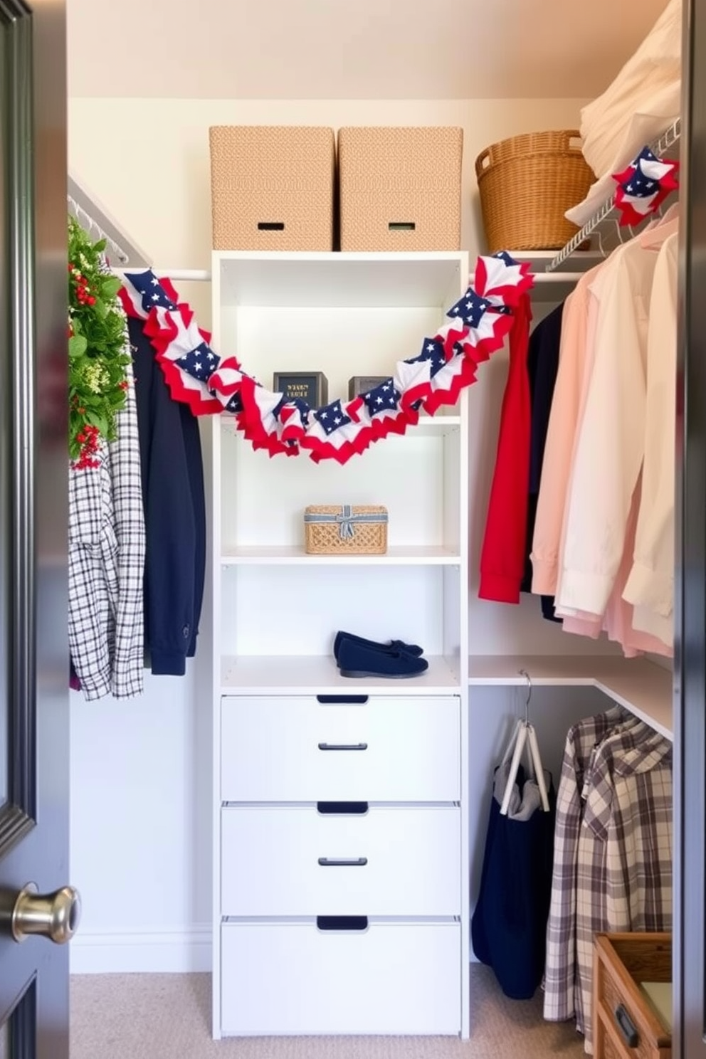 Create a cozy and inviting closet space decorated for Memorial Day. Hang festive garlands across the shelves, incorporating red white and blue colors to celebrate the holiday.