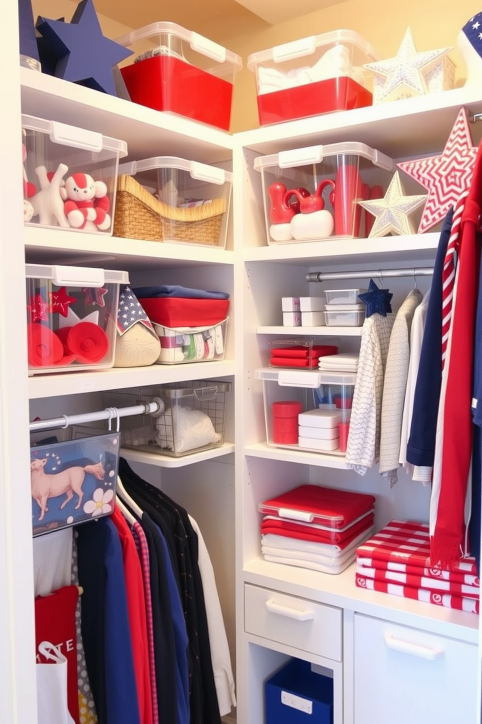 A stylish closet space designed for Memorial Day celebrations. Clear bins are organized on shelves for easy visibility, showcasing red, white, and blue accessories and decor items. The closet features a combination of hanging and folded storage solutions. Decorative elements like stars and stripes are incorporated to enhance the festive atmosphere.