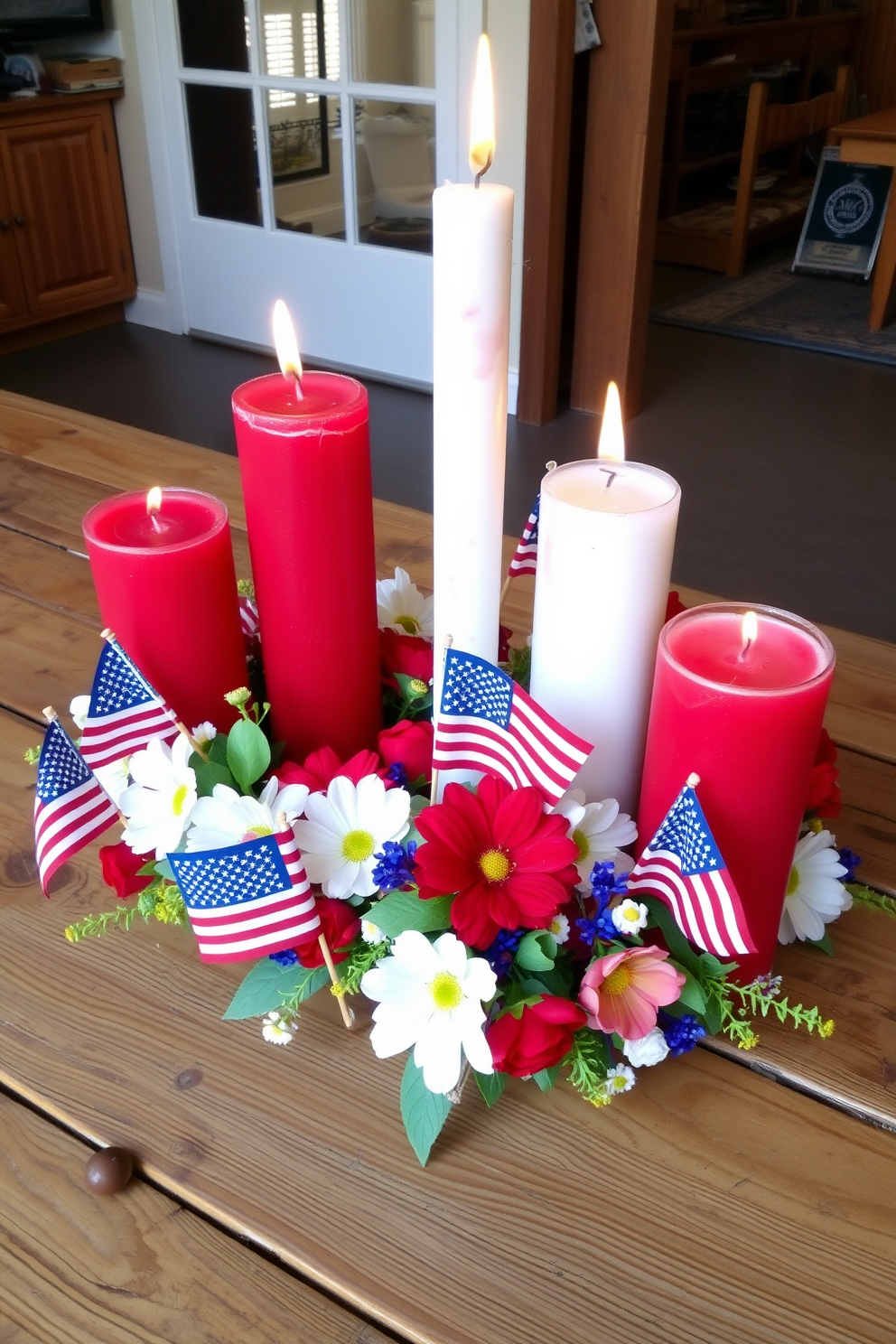 A charming arrangement of red white and blue candles sits on a rustic wooden table. The candles vary in height and are surrounded by small American flags and seasonal flowers for a festive touch.