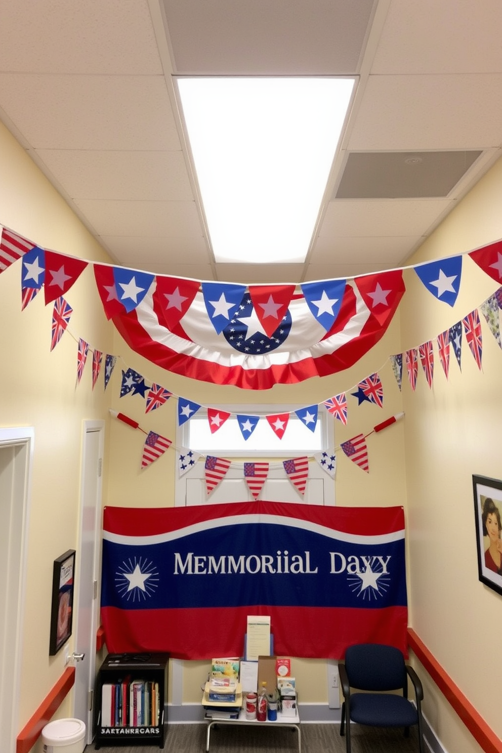 A cheerful room adorned with festive banners celebrating Memorial Day. The banners are in red white and blue colors featuring stars and stripes creating a patriotic atmosphere.